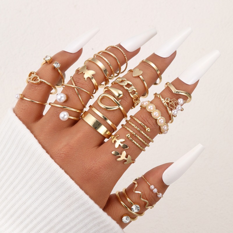 Cross-border Hot-selling Gothic Personality Open Finger Ring Multi-joint Ring suit 22 Piece Set Hollow-out Love Geometric Hand Ornaments