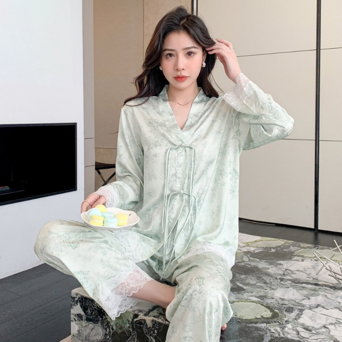 [Light luxury National style] new ice silk pajamas little red book recommend new Chinese women's long sleeve silk-like home wear