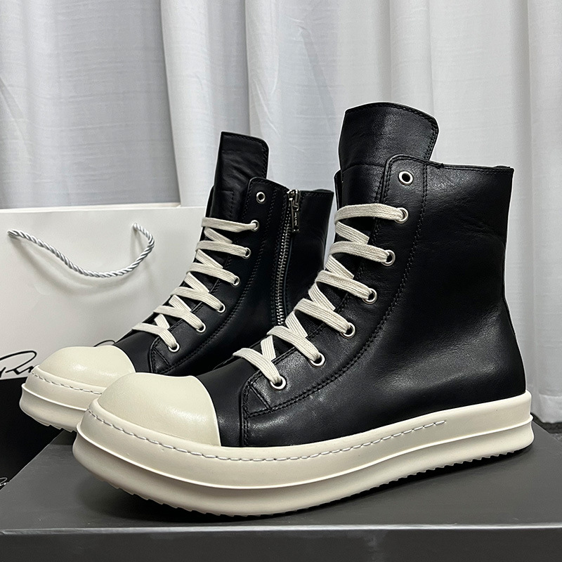 New High-top Shoes Men's Slab Shoes Thick-bottom Increased Leather Sports Trendy Cowhide Fleece-lined Women's Couple's Large Size Shoes