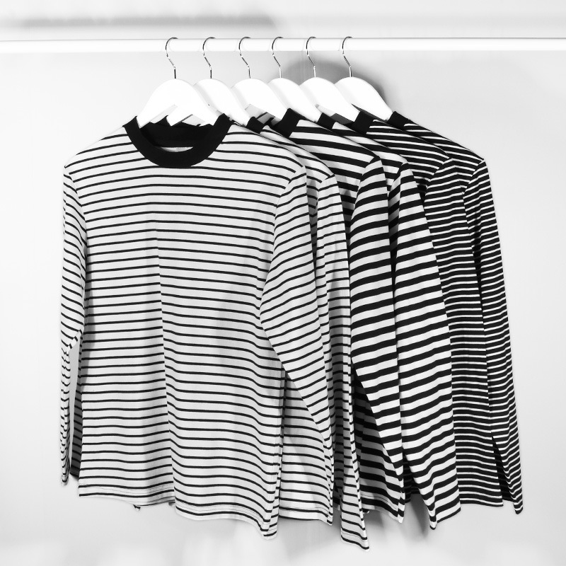 Heavy Striped Long Sleeve T-Shirt Round Neck Japanese Style Loose Fashionable Student Men and Women Couple Color Contrast Base Shirt Top Fashionable