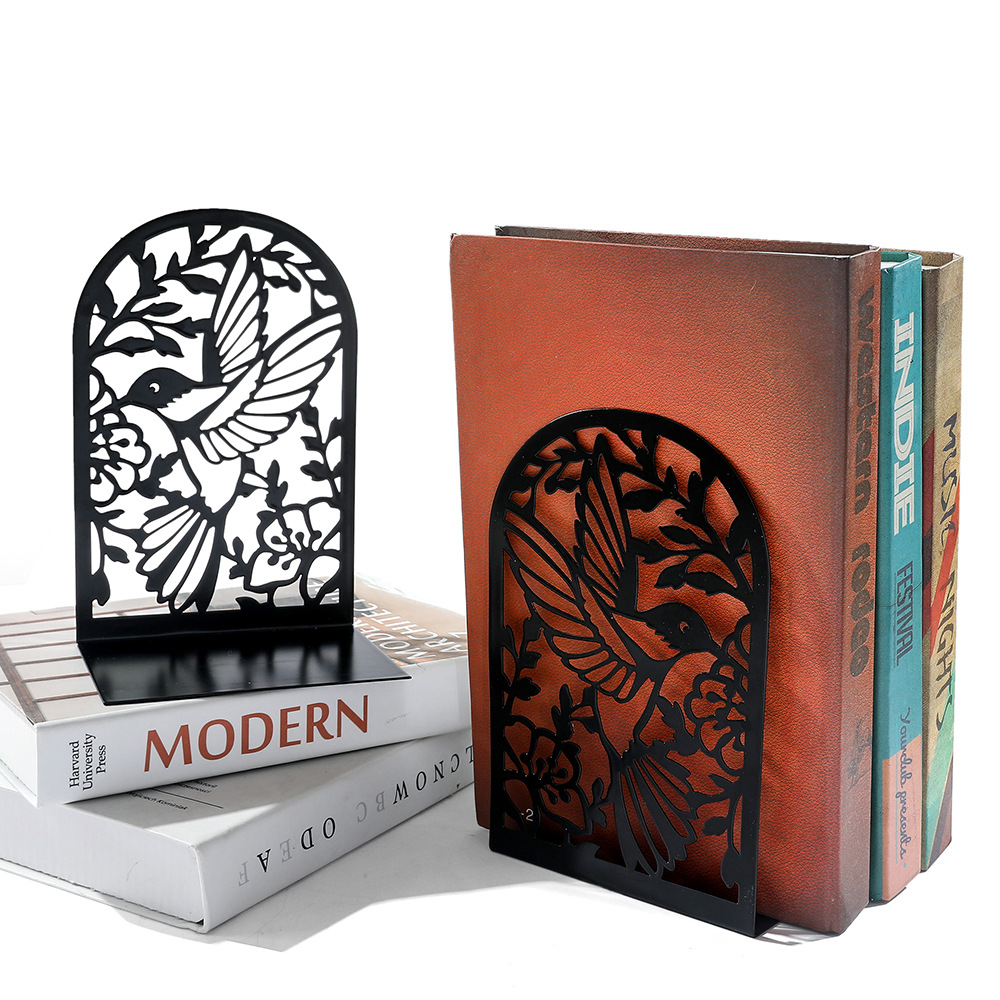 Amazon new creative metal cutting silhouette hummingbird bookend bookshelf book holder wholesale desktop decoration