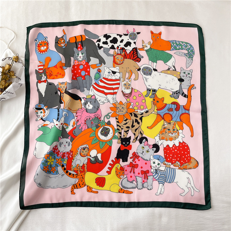 Spring and Summer Cartoon Cute Silk Scarf Small Square Silk 70cm Scarf Women's Korean Style Cat Hair Belt Decorative Headscarf