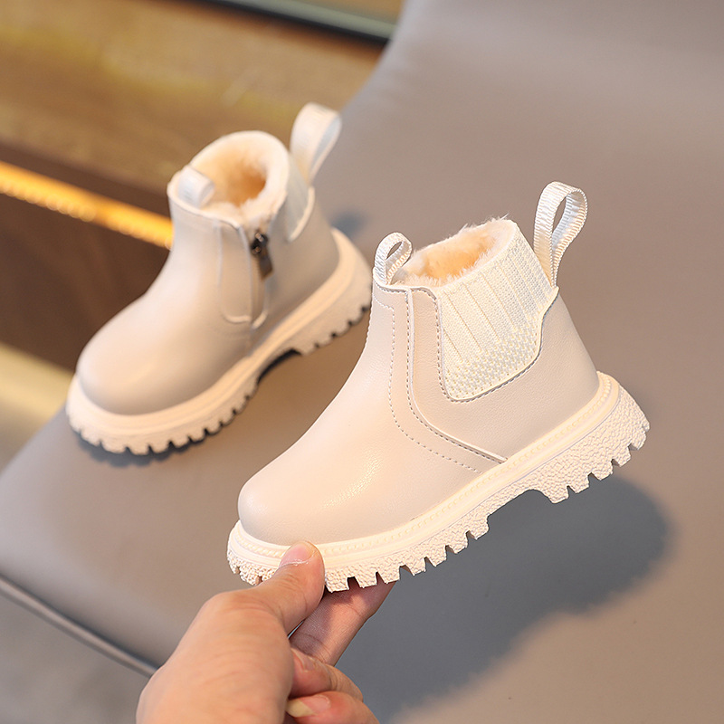 Winter fleece-lined children's fashion British short boots boys side zipper fashion Martin Boots Girls soft bottom fashion boots
