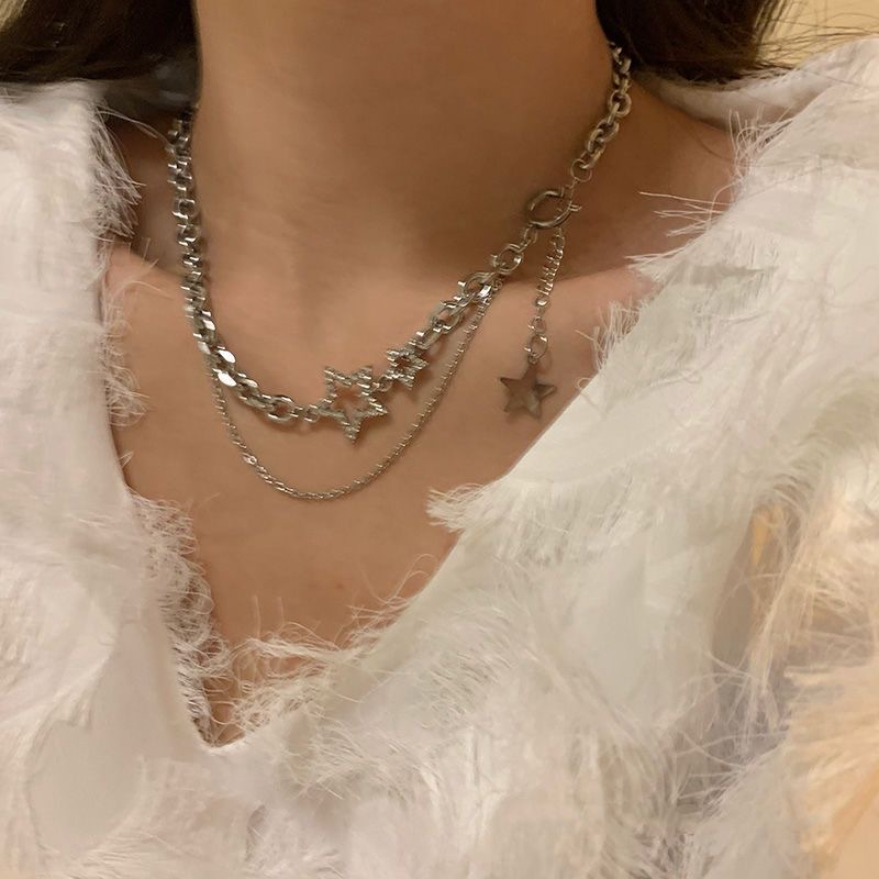 高級感鑲鑽星星雙層項鍊女冷淡風ins嘻哈鎖骨鏈甜美氣質鏈條頸鏈