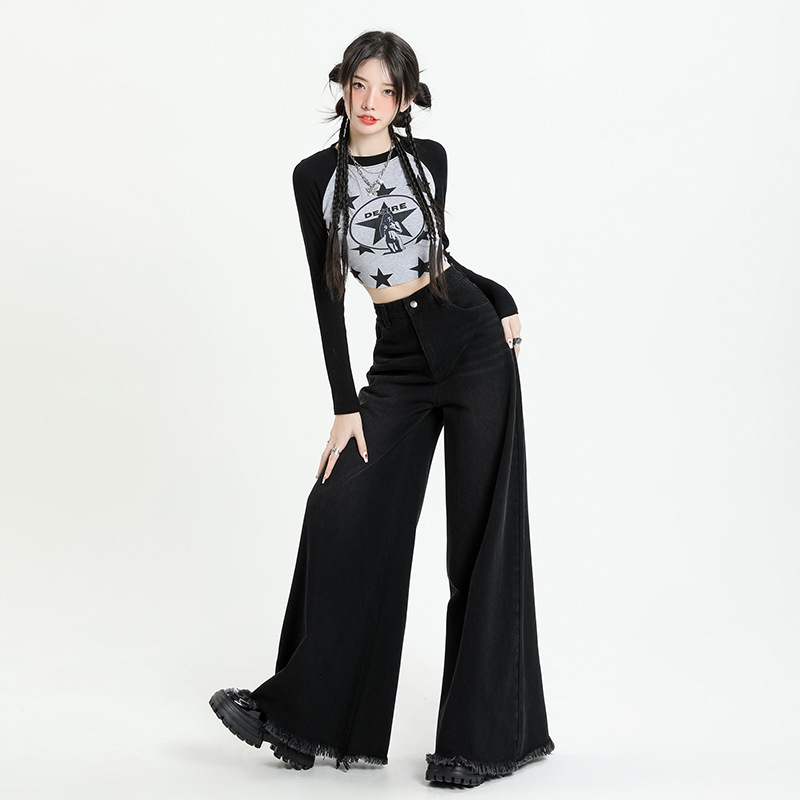 Street Style Washed Retro Subculture Black Grey Wide Leg Denim Women's Sweeping Pants Elephant Leg Large Leg Foot Burr Edge