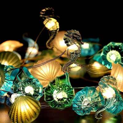 Marine series light string wholesale nautical theme seahorse conch shell starfish fish net room decoration lights