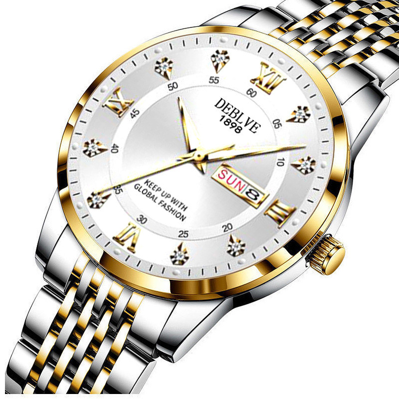 Classic Fashion ultra-thin luminous double calendar steel belt men's watch waterproof diamond nine beads with solid watch