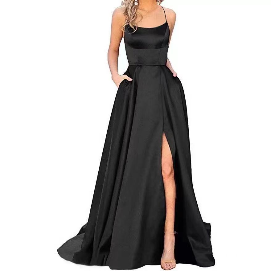 2024 European and American cross-border new party bridesmaid dress solid color off-the-shoulder long dress small trailing banquet evening dress
