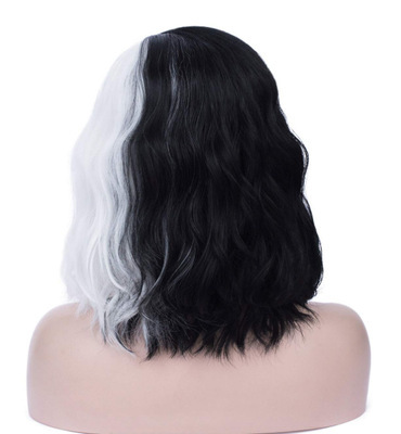 Cross-Border black and white yin and yang wig medium and long roll wig without bangs WAVE Stitching head cover kuila wig