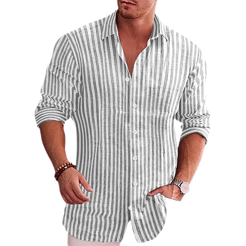 2023 foreign trade autumn and winter fit European and American men's long-sleeved shirt men's ordinary casual youth lapel striped lining