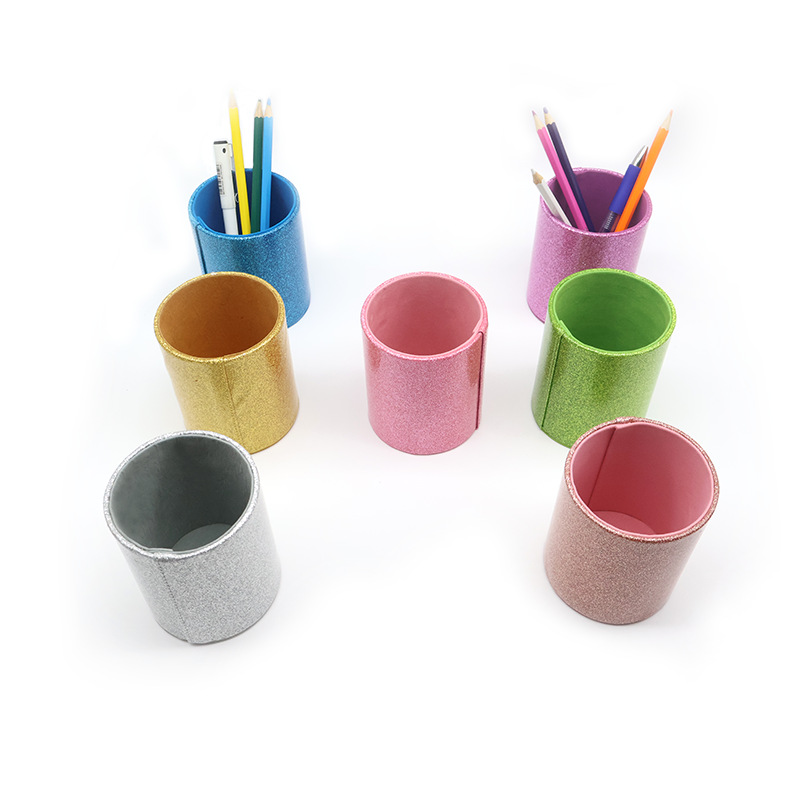 Factory supply in stock creative round PU pen holder thickened round leather desktop pen holder makeup brush storage container