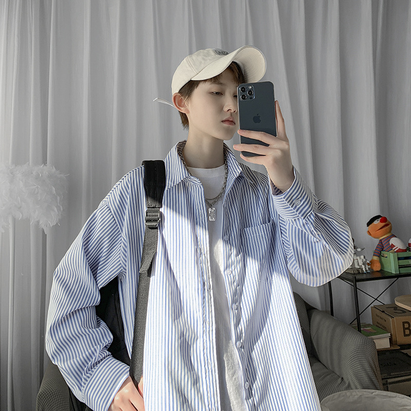 2023 new Japanese striped shirt men's long-sleeved shirt Hong Kong style men's Korean style trendy autumn casual jacket love