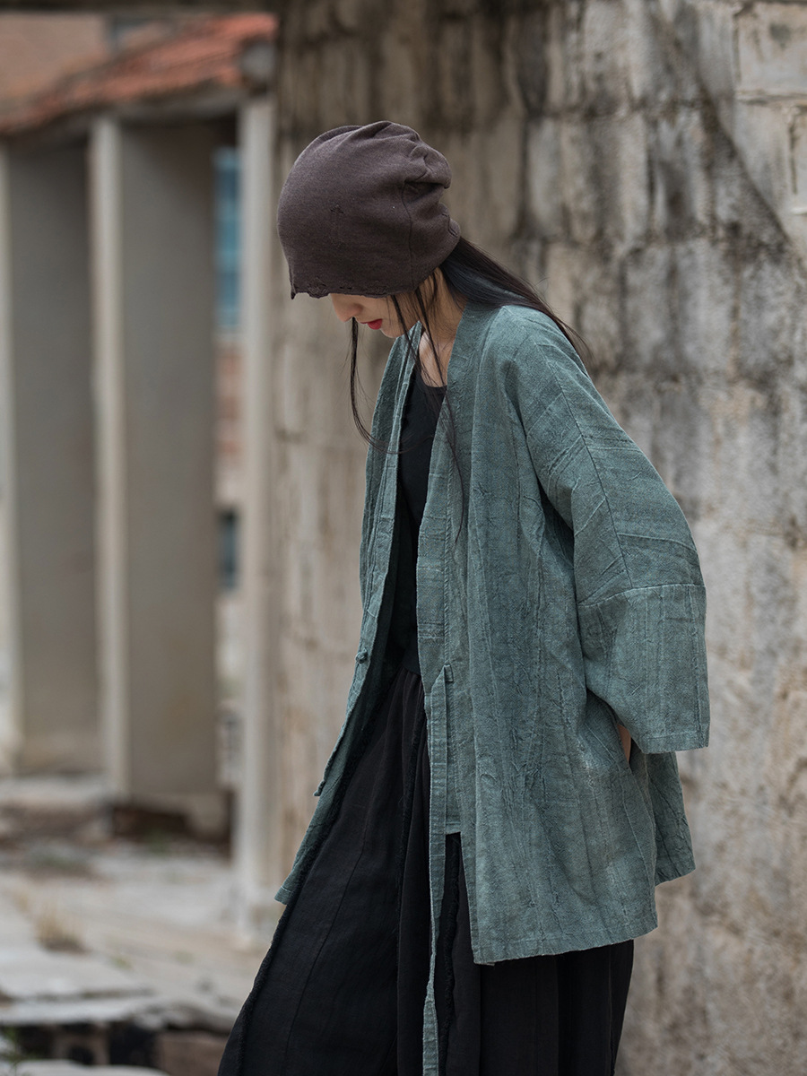 Ramie Tie-dyed Folding Old 24 Spring Cotton and Linen Women's Clothing New Style Slant Placket Lace-up Shirt Zen Style Wandering Style Women's Coat