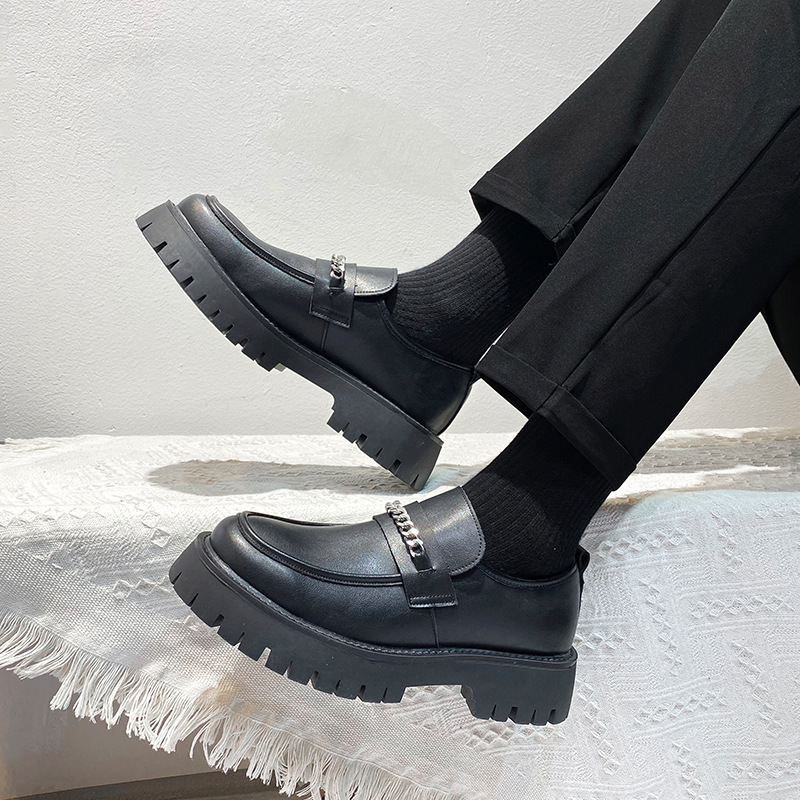 Lefu Ayakkabı Erkek 2021 Yeni Kalın Tabanlı Deri Ayakkabı İngiliz Tarzı Artırılmış Yuvarlak Burunlu Slip-on Lazy Ayakkabı 2137-T_voghion.com