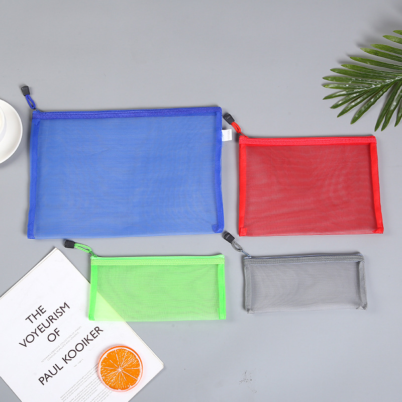 Simple Solid Color Mesh Bag Travel Cosmetic Bag Examination Pencil Bag Wash Bag Transparent Zipper Bag Chain Pencil Case