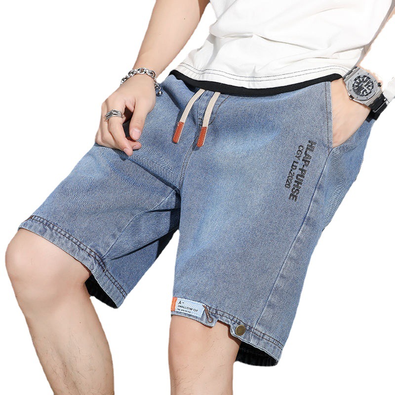 Denim shorts men's Hong Kong style fashion brand loose retro all-match straight pants trendy handsome cropped pants summer thin