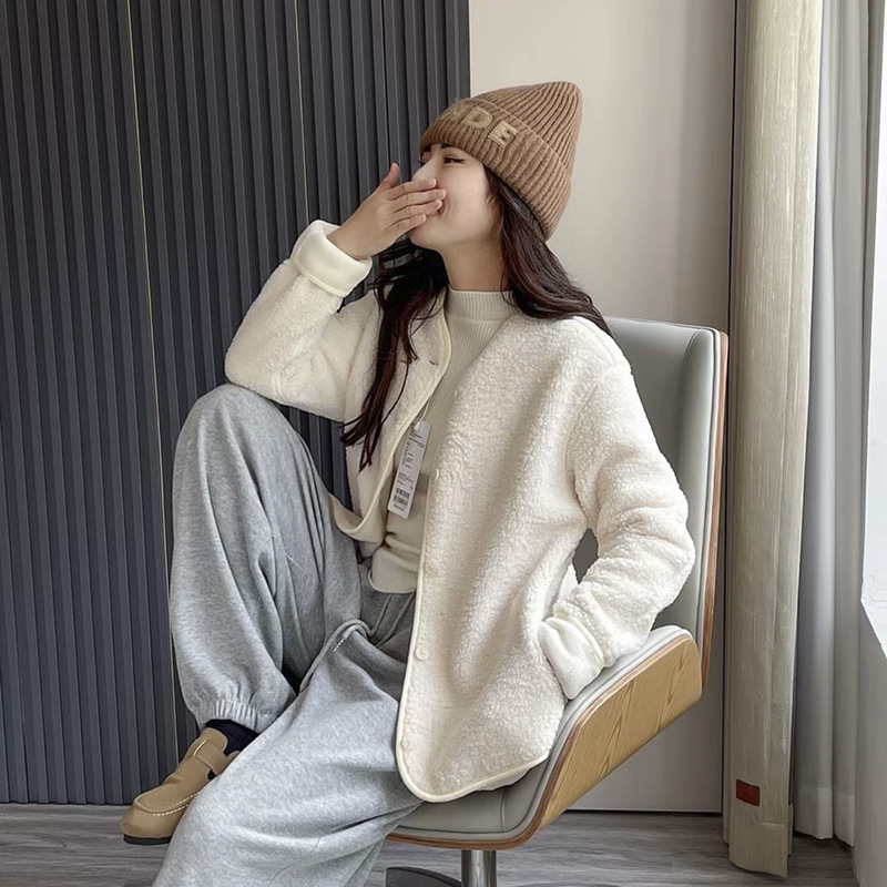 Faux lambswool fleece round neck cardigan long sleeve coat 2023 autumn and winter New windproof fleece jacket 461660