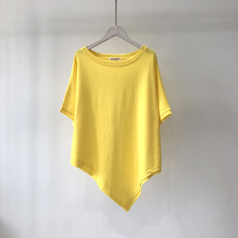 Containing Cotton Solid Color Irregular Hem Summer Short-sleeved T-shirt Women's Loose Round Neck Solid Color Base Shirt Top Women's Clothing