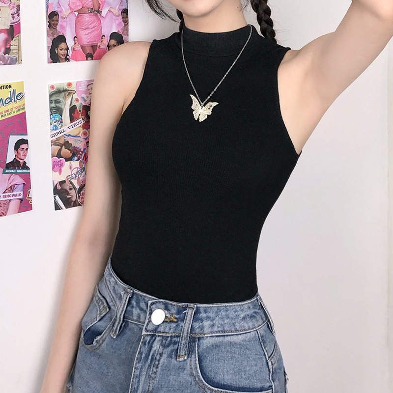 wish Amazon Cross-border Foreign Trade Sexy Women Tight-fit Slim Half-high Neck Solid Color Sleeveless Base Jumpsuit Trendy