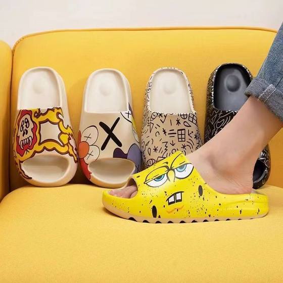 Cartoon couple coconut slippers women's outer wear thick bottom beach slippers summer yeezy slippers men