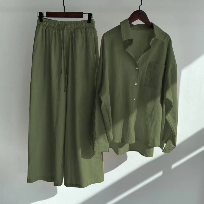 Cross-border  Women's 2-piece Vintage Plus Size 2022 Cotton and Linen Shirt Set High Waist Loose Trousers_voghion.com