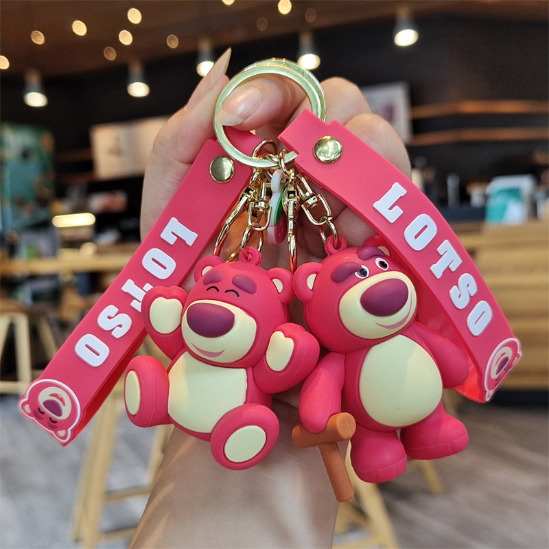 Strawberry bear cartoon silicone keychain bear doll pendant car key chain ornaments doll machine gift wholesale