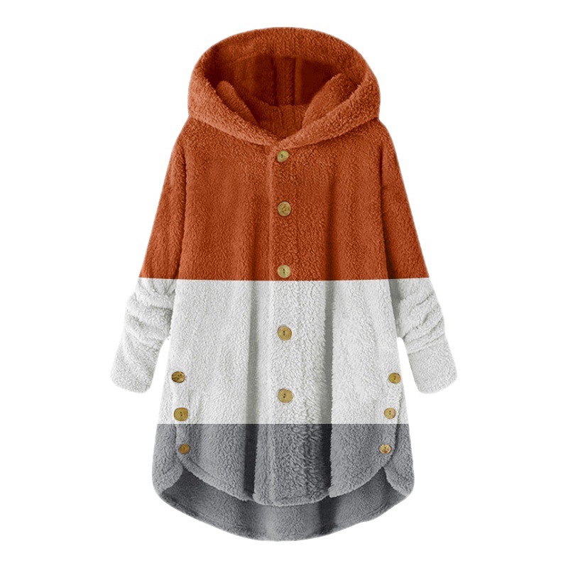2023 Winter   New Fashion Women's European and American Button Plush Top Color Matching Multicolor Hooded Jacket_voghion.com