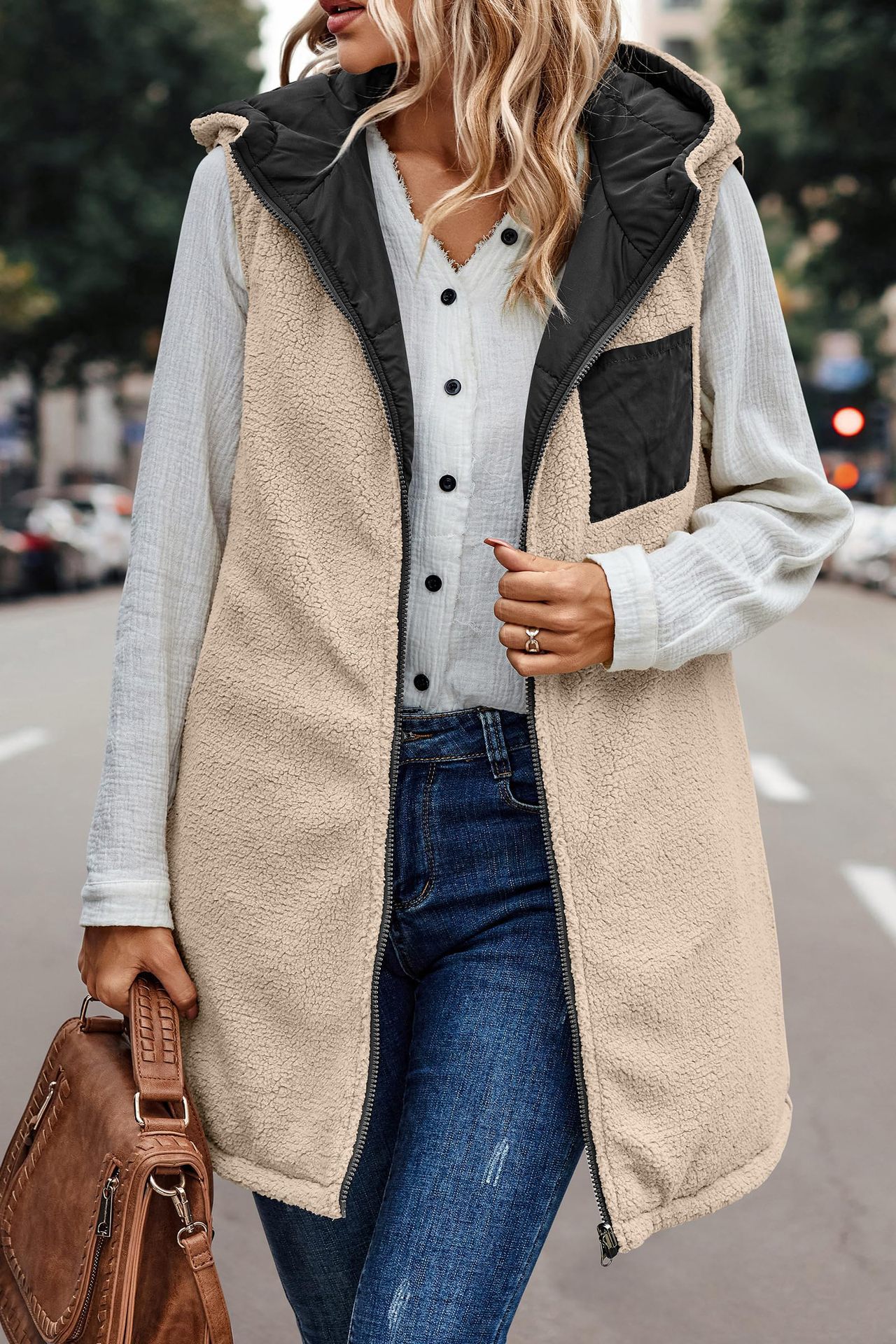 In stock 2023 new European and American solid color hooded cotton-padded vest double-sided warm cardigan windproof coat_voghion.com