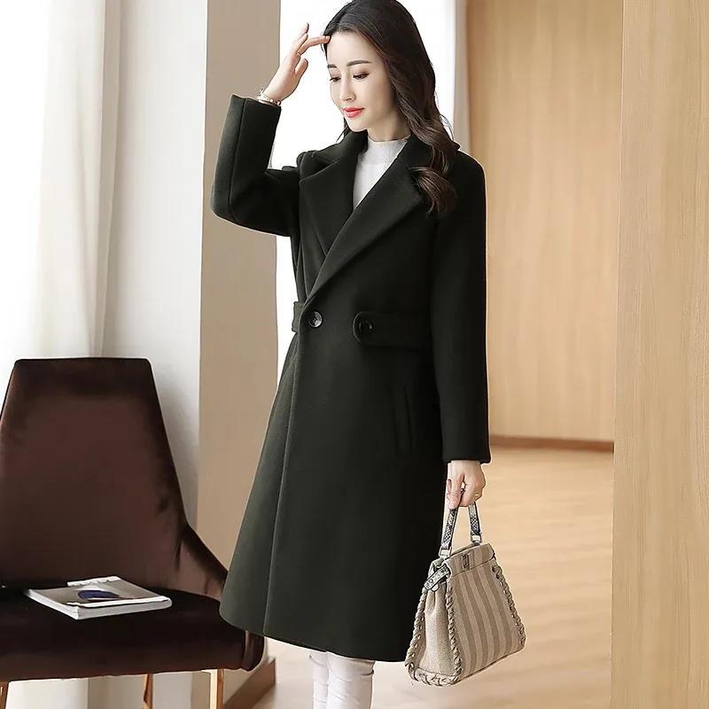 Jachetă de lână în stil coreean pentru femei, lungime medie, 2023, toamnă și iarnă, îmbrăcăminte pentru femei, slim-fit, palton de lână subțire_voghion.com