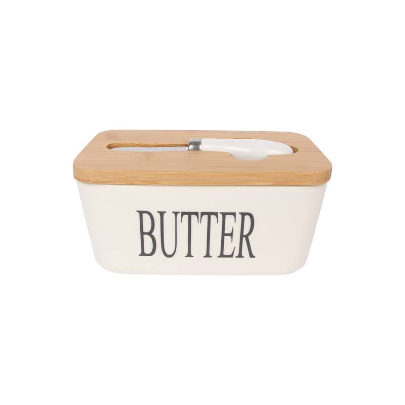 Ceramic Butter Box cross-border hot selling ceramic rectangular butter dish with wooden cover cheese ceramic butter box with knife