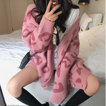 Korean Style Loose Sweater Coat Women's Autumn and Winter New Retro Fashion Elegant Leopard Print Knitted Cardigan Long Sleeve Top Trendy