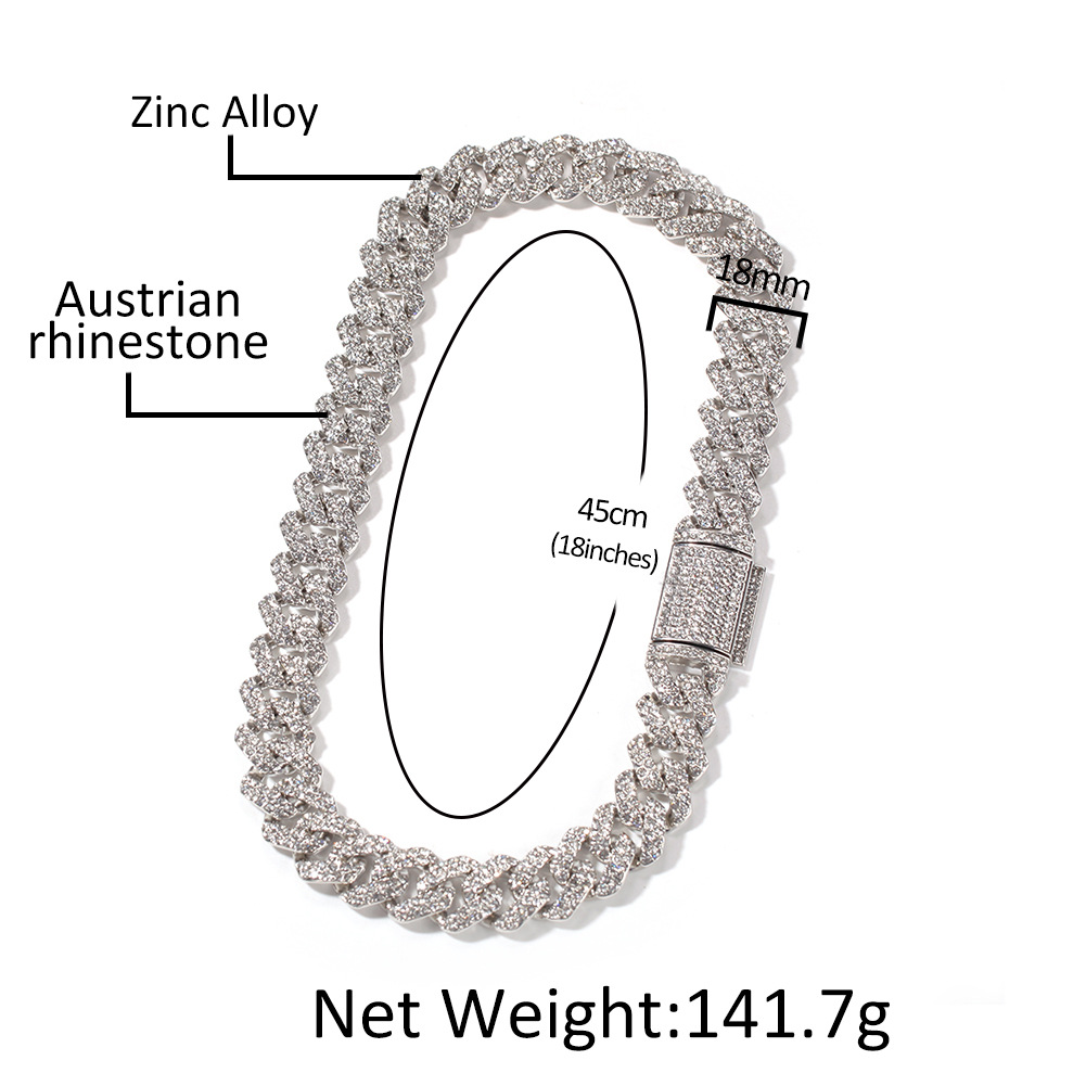 European and American trend plating 18mm Cuban chain men's rock punk full diamond alloy hip hop fashion metal necklace