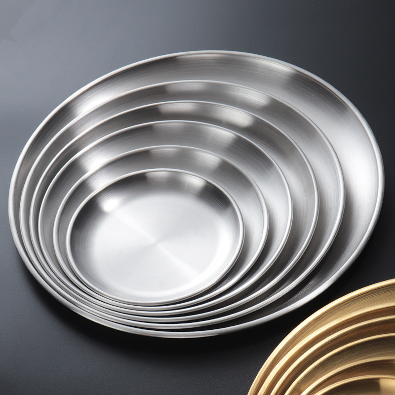 304 Stainless Steel Barbecue Plate Thickened Disc Korean Style Barbecue Plate Western Food Steak Plate Golden Snack Fruit Tray