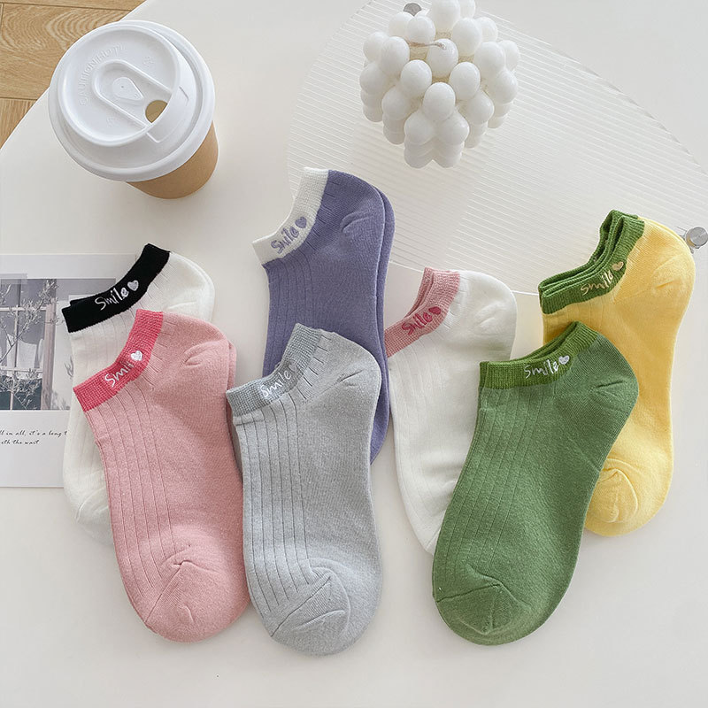 Women's Summer Thin Invisible Socks with Japanese Style Solid Color Letter Embroidery, New Cotton Socks for Women, Live Stream Distribution
