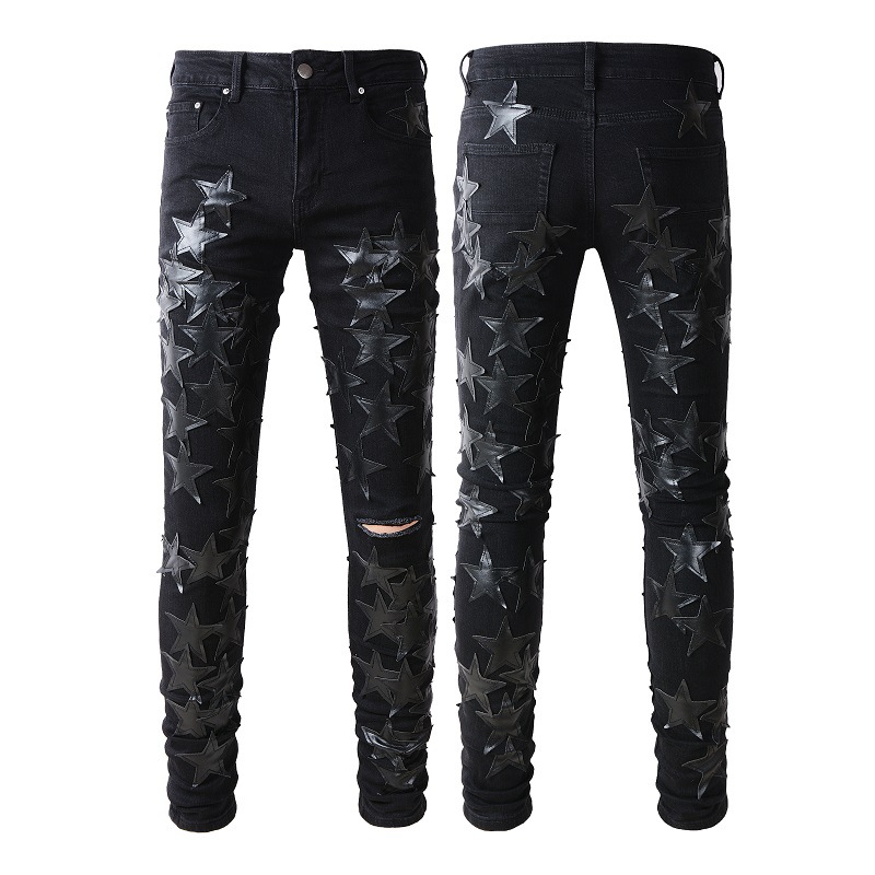 thumbnail for Men&#039;s Jeans Five-Star Stitching Trendy American Jeans High-Craft Stretch Slim-Fit High Street Ripped Pants