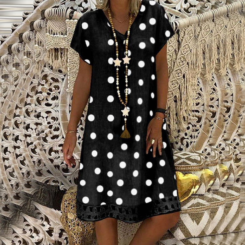 2024 cross-border spring and summer new Amazon European and American dress fashion polka dot short-sleeved V-neck printed midi skirt