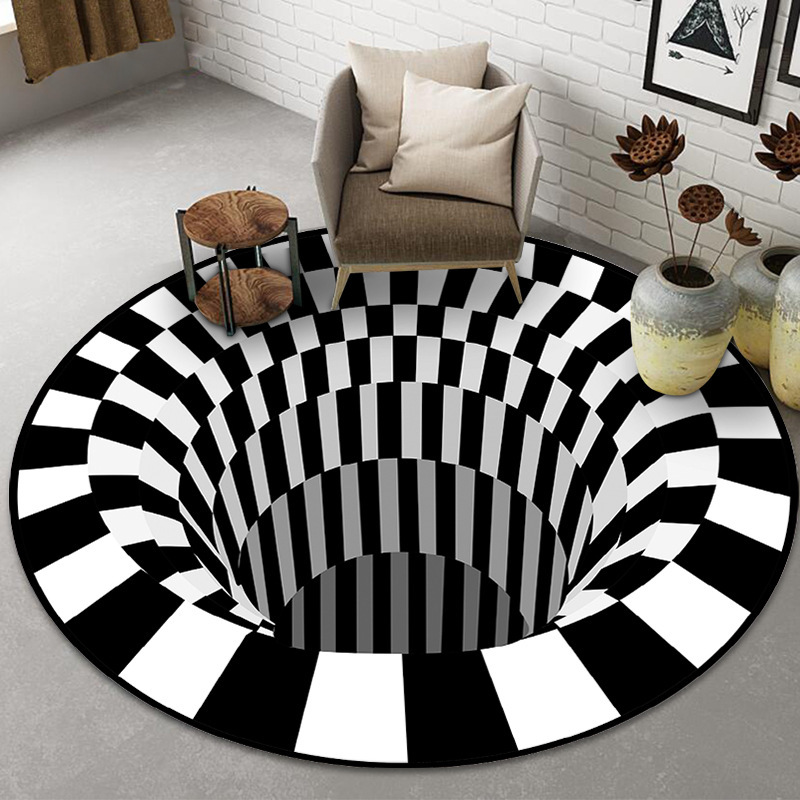 Cross-border black and white stereo vision round carpet living room bedroom coffee table floor mat 3D illusion trap can be sent on behalf