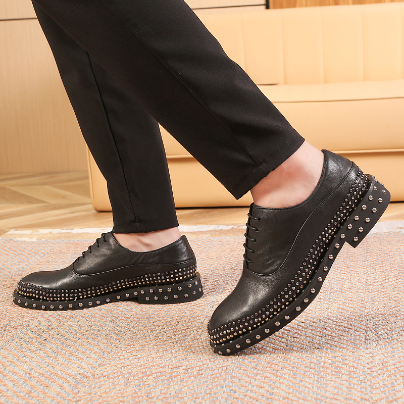Stud Men's Shoes Oxford Shoes Men's Gentleman's Top Layer Cowhide Lace-Up Low-Top Men's Lace-Up Trendy Business Dress Leather Shoes Men's