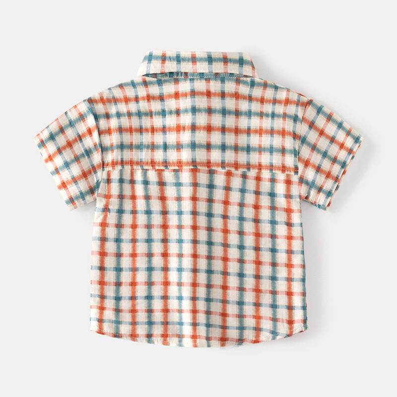Boys plaid shirt 2023 Summer Children's short sleeve shirt wholesale baby pocket shirt fresh plaid shirt