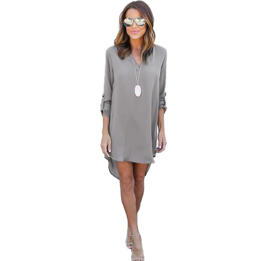 2019 Spring and Summer EBAY Amazon Europe and America Explosions Long Sleeve V-Neck Chiffon Dress Front Short Rear Long Dress