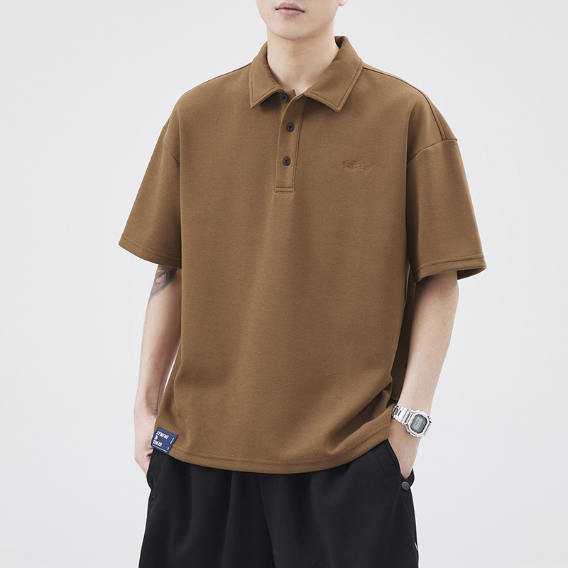 Anyang Heavy Polo Shirt Boys Japanese Style Trendy Brand Summer Loose Half Sleeve Simple Boys Brown Short Sleeve Lags
