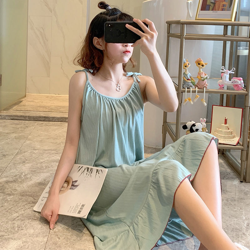 東南アジアのクロスボーダーのサスペンダーの寝スカートの女性の夏のセクシーな学生の大きいサイズのゆったりしているかわいいネットの王女の純色のパジャマ|undefined