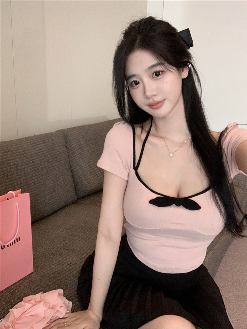 Pure Desire Bow U Neck Sexy Collarbone T-shirt Women's Summer Spice Girls Short-sleeved Top Short Low-cut Tight Base Shirt