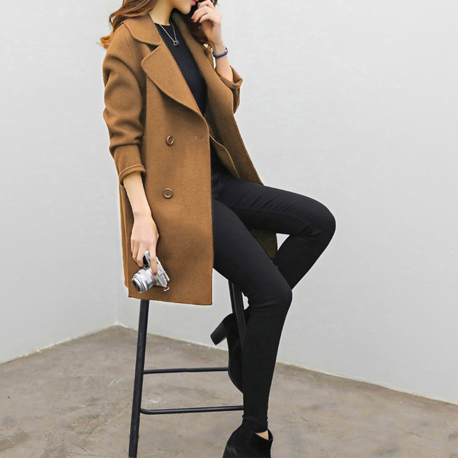 Woolen coat mid-length double-breasted long sleeve solid color woolen coat for women_voghion.com
