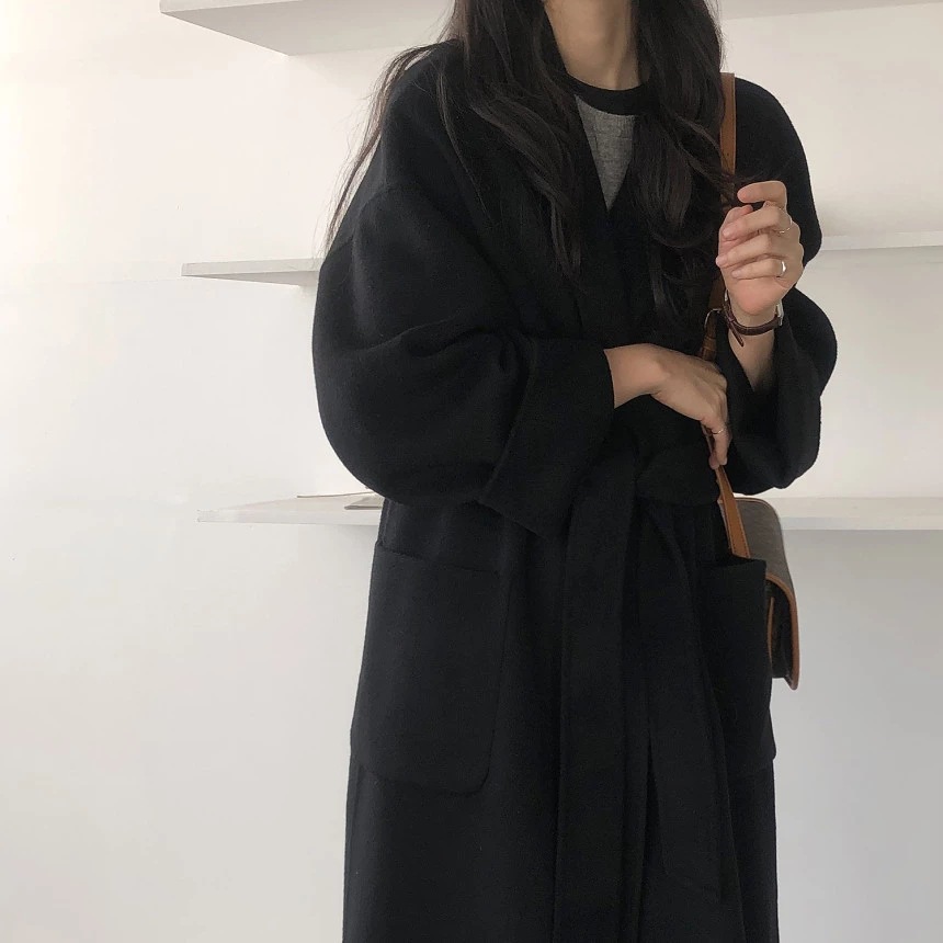 South Korea Dongdaemun 2023 autumn and winter New lace-up cashmere coat Women's Mid-length loose over-the-knee woolen coat_voghion.com