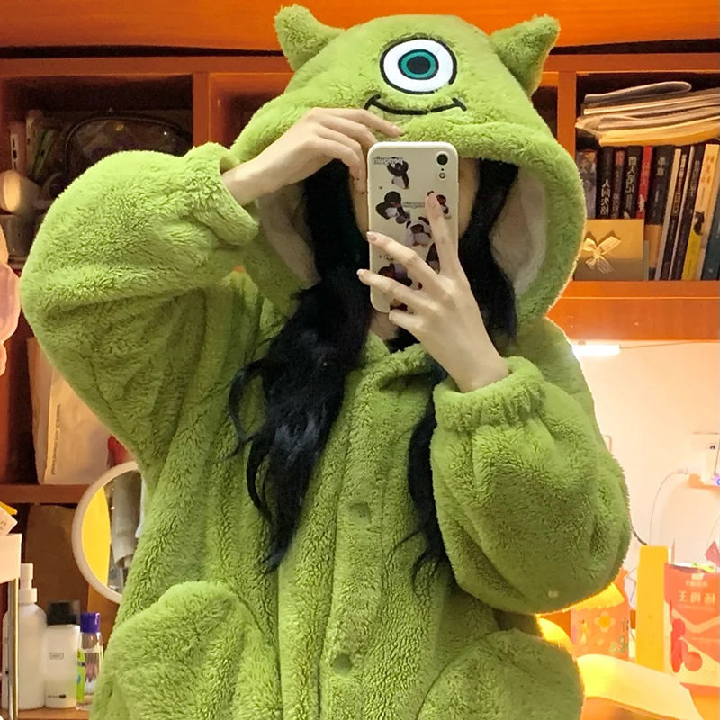 Cute big-eyed hooded coral fleece pajamas for women 2023 new winter single-eye monster nightgown home wear winter
