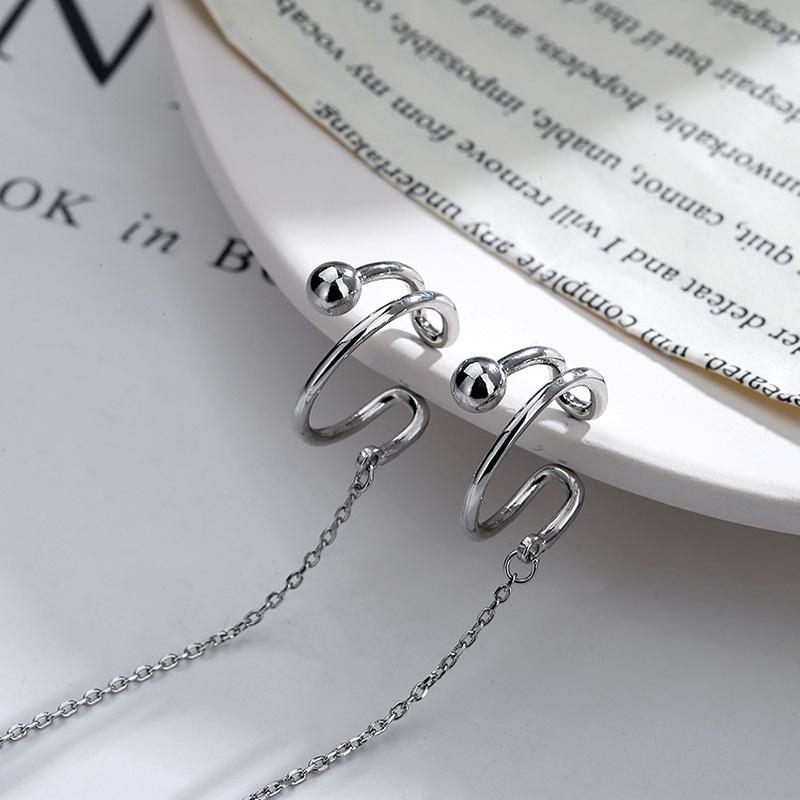 Lost a long ear hook without ear hole female unique tassel ear clip double line round bead ear clip cool