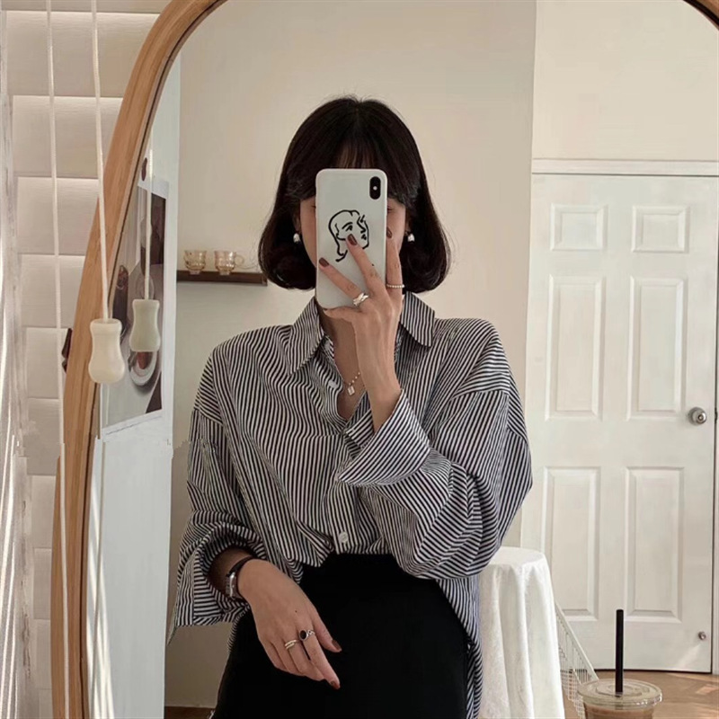 2023 South Korea Dongdaemun striped shirt women's long-sleeved shirt loose stacked versatile blue striped shirt