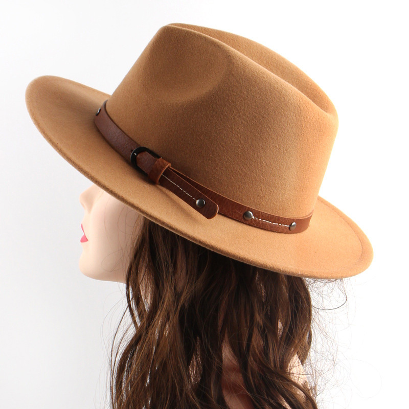 Cross-border British retro woolen hat men's and women's monochrome belt metal buckle felt hat simple big brim jazz cowboy hat