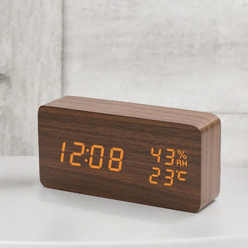 Creative multifunctional student gift desktop simple digital voice control mute LED temperature and humidity wood electronic alarm clock